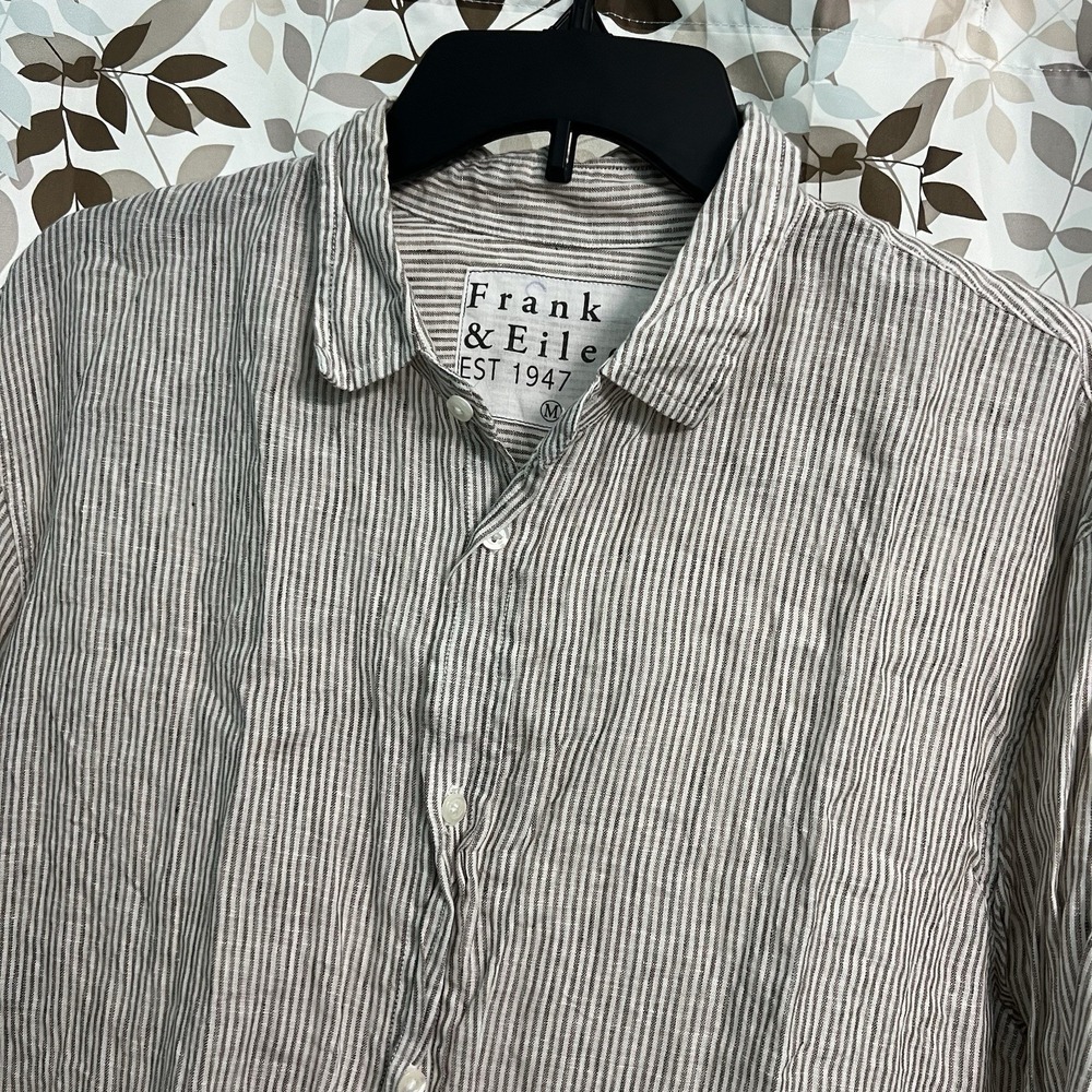 Frank & Eileen Button Down Shirt "Paul" Tan Striped Sz M Top Linen USA